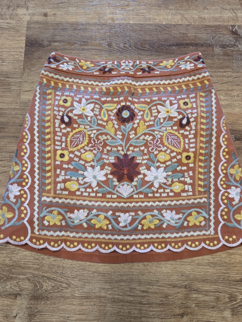 Blue Rain Rust Embroidered Floral A-Line Skirt 100% Cotton Small Boho